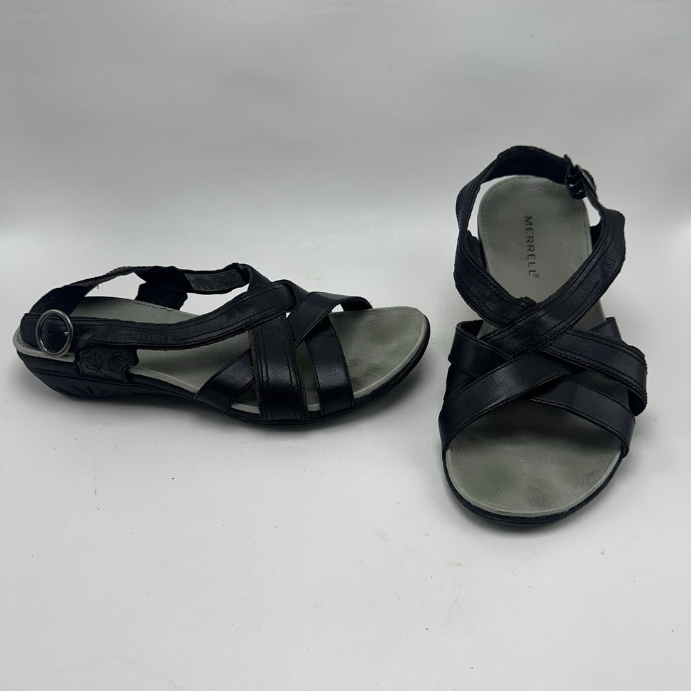 Merrell Womens Bassoon Black Leather Comfort Strappy Sandals Size 8 J46246